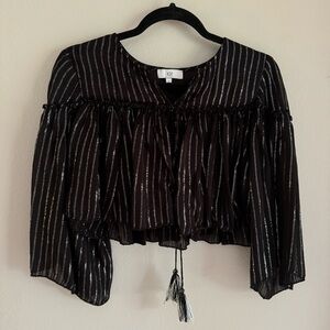 Nordstrom NSR Black and Silver Glittery Cropped Blouse w Tassel Ties, Medium